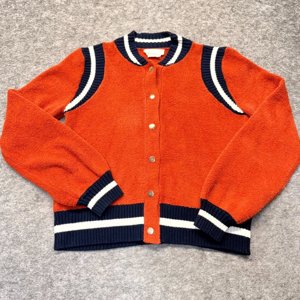 Anthropologie Terry Cardigan Sweater Small Orange Fleece Ribbed Hem Snap Front